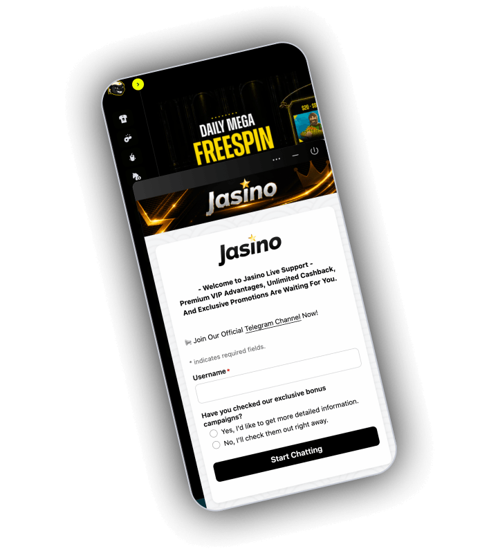The Jasino live chat window open over the account area